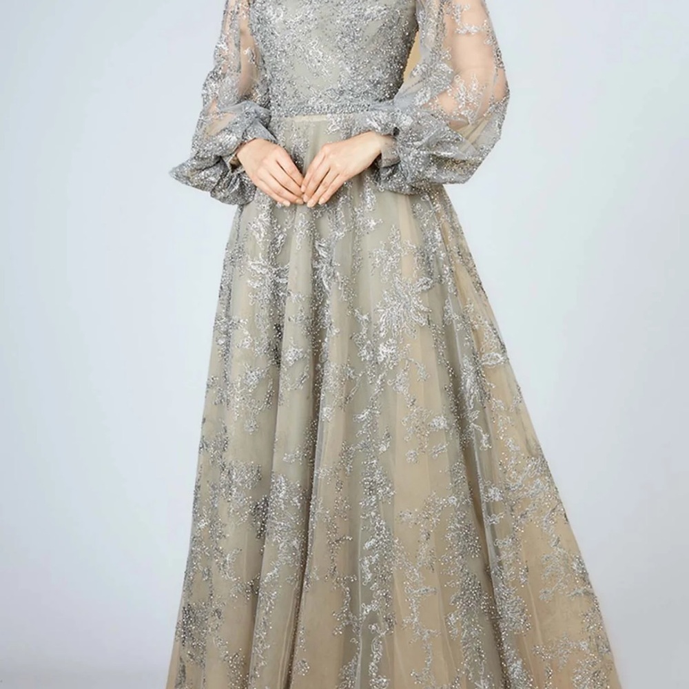 Lara formal gown prom dress Elegant Silver Evening Gown v-neck, long sleeve